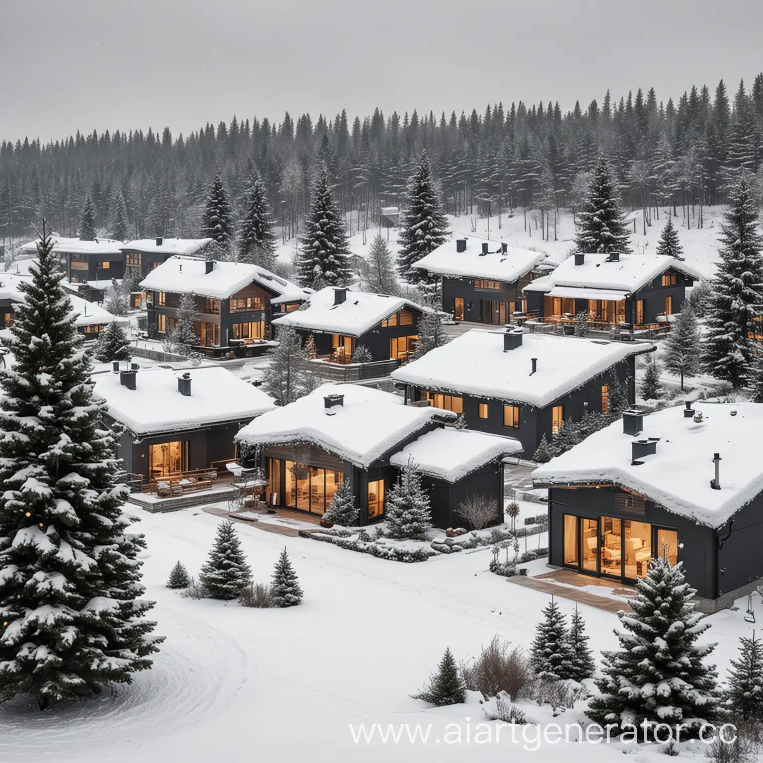 Modern-Cottage-Village-with-SnowCovered-Fir-Trees-and-New-Year-Garlands