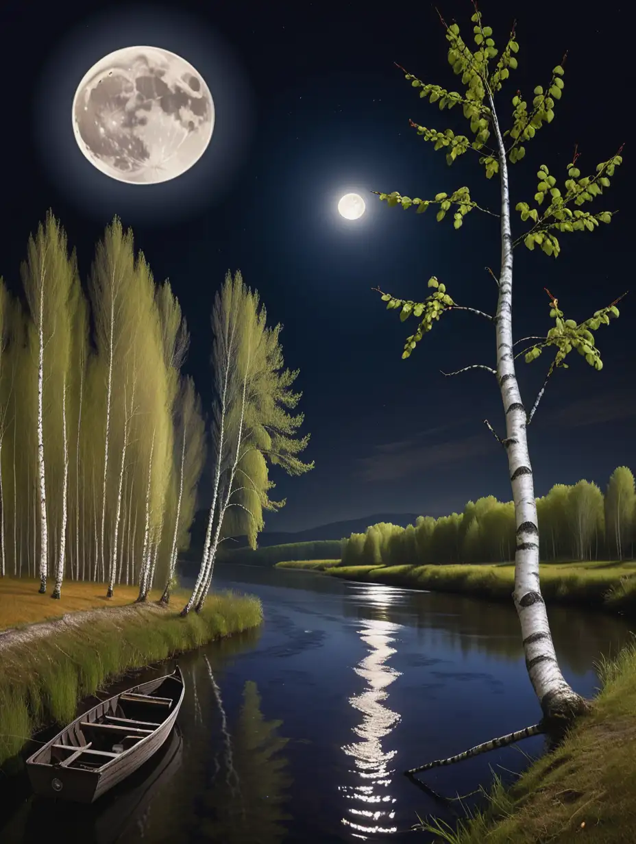 Birch against the backdrop of full moon light, nearby a narrow river. In it, trout decide, and a little ship sails