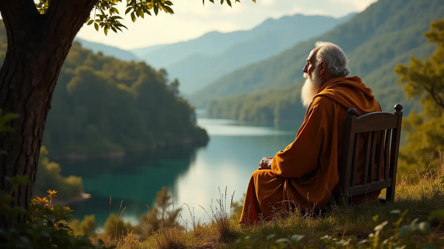 Wise Old Man Contemplating Beside Lake Biblical Era Scene