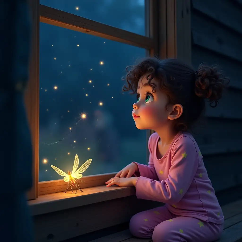 Medium field, Lina (a 7-year-old girl with curly brown hair pulled back in two pigtails, curious green eyes, dressed in pink pajamas with yellow stars) sitting at window looking at stars, quiet night, cozy little room with dim lights, Detail, slow zoom, Magic Firefly (a small firefly glowing with all the colors of the rainbow, delicate translucent wings, with a sparkling trail), on Lina's window sill, starry night, wooden house exterior, magical and dreamy atmosphere, visual style from children's picture book.