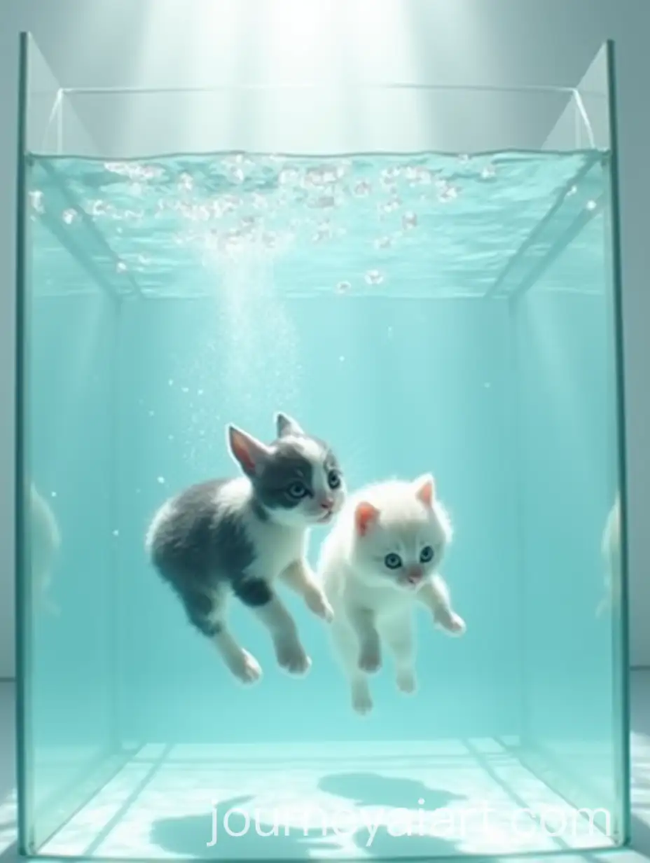 Playful-Angora-Kitten-and-Baby-Goat-Swimming-Underwater-in-CrystalClear-Tank