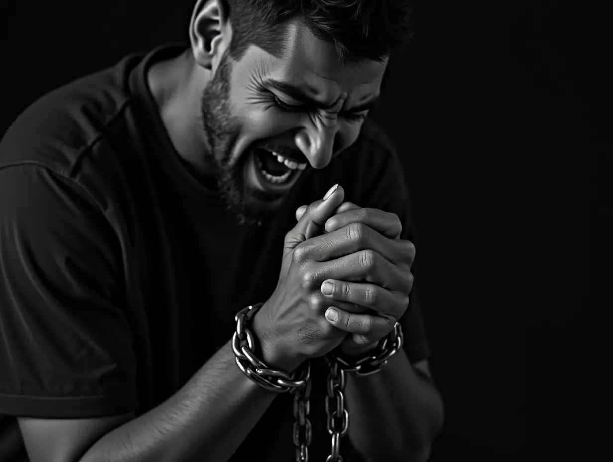 Generate a black and white image of a man on his knees, fervently praying with intense emotion. His hands are held in front of his face, shackled by heavy chains, but at the peak of his prayer, the chains shatter into fragments. The image is up close, capturing the raw details of his hands and wrists, where the breaking chains symbolize his freedom. His tears glisten in the dim light, streaming down his face as he grits his teeth in deep anguish and spiritual release. The lighting accentuates the contrast between his suffering and his liberation, emphasizing both the shattered chains and his tear-streaked face in the background.