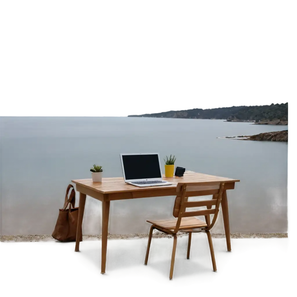 A computer on a desk by the sea