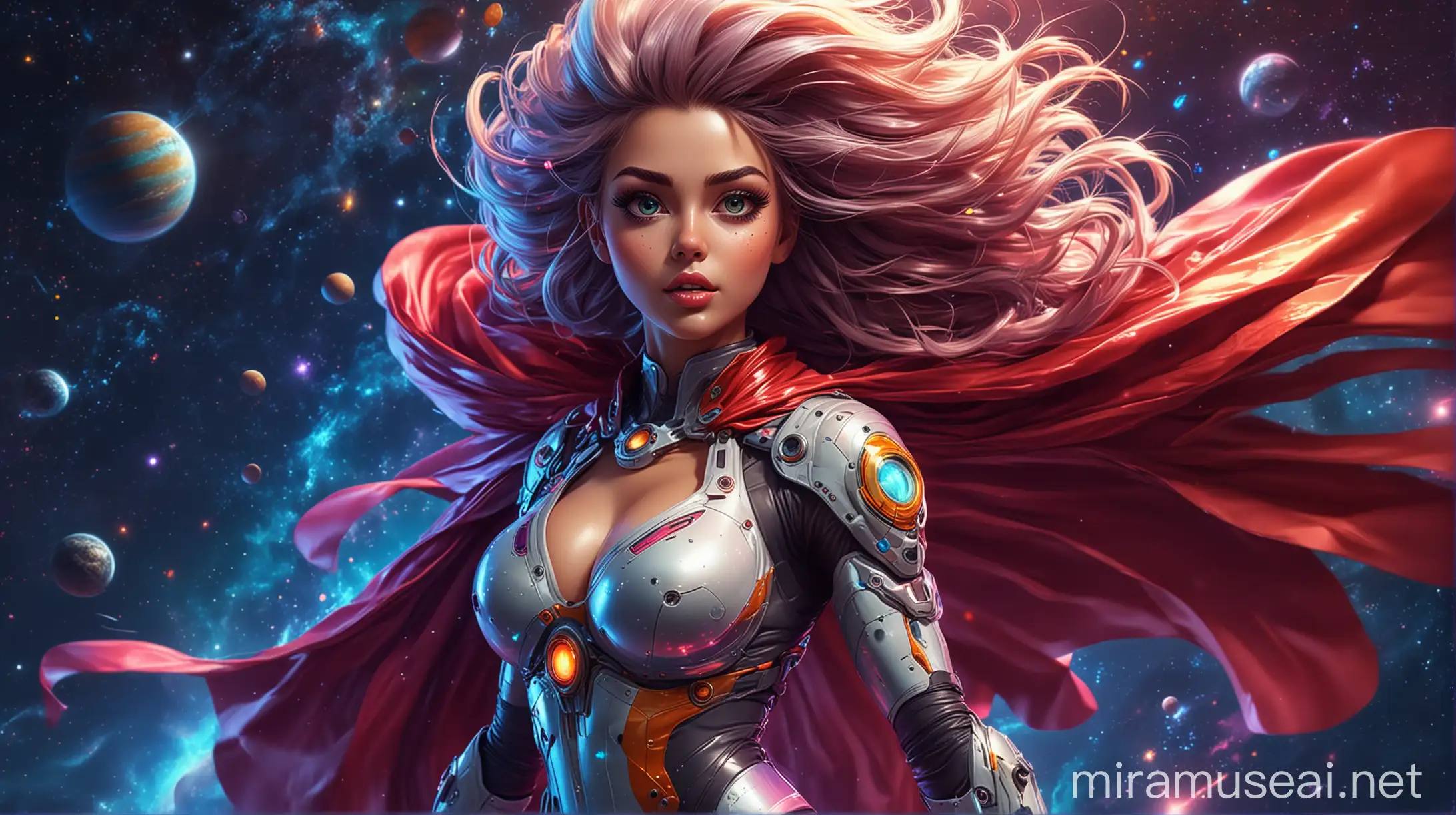 cartoon style, full-length perfect fitness body woman, big breast, dominant pose, long wild colorful hairstyle, big eyes and lips, pretty face, tight futuristic spacesuit with glowing parts, fluttering in the wind long colorful cape, colorful night sky with bright blowing planets