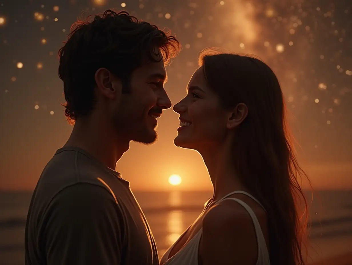 A cinematic, photorealistic image of a couple together in a quiet, serene setting. They stand close, with a look of mutual love and understanding, as if savoring a precious moment in the present. The man looks at the woman with deep affection, and she gazes back with a gentle, tender smile. Soft warm lighting surrounds them, with hints of stars and a gentle cosmic glow in the background, evoking the idea of destiny and timeless love. Cinematic, 16:9 format.