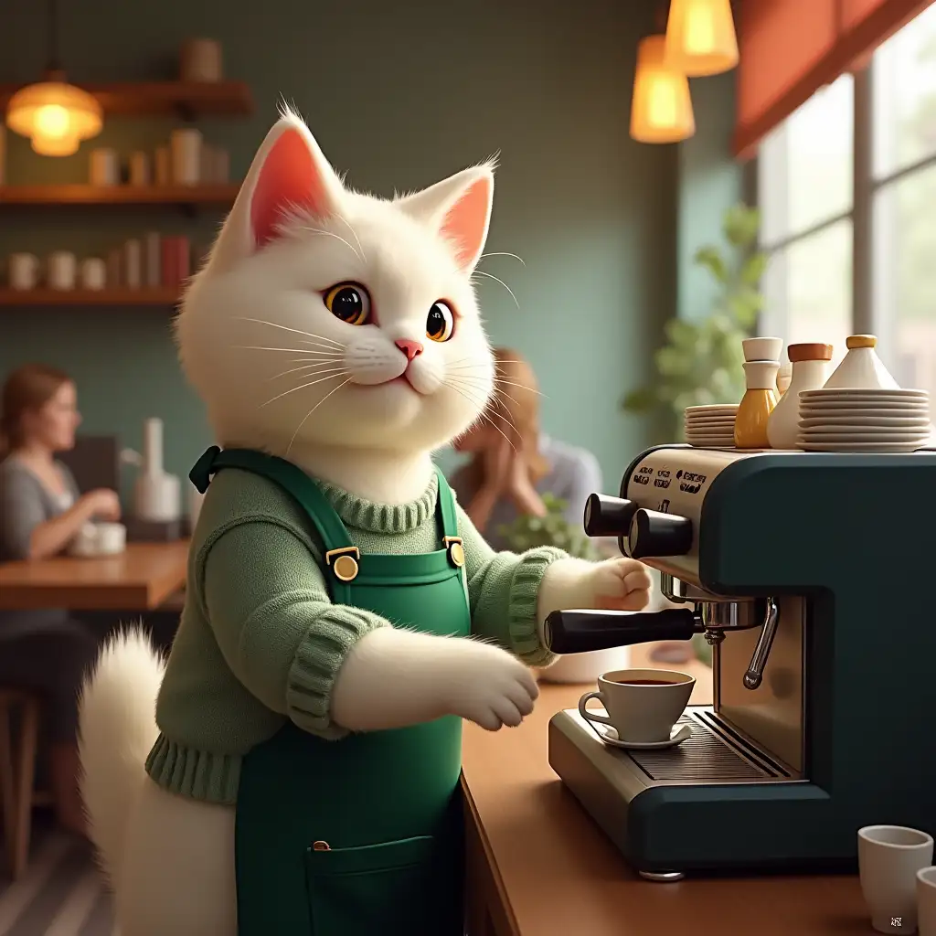 Create a whimsical scene inside a cozy café featuring a fluffy white cat wearing a green apron and a knitted sweater, skillfully operating an espresso machine. The cat's focused expression should convey determination as it prepares a cup of coffee. In the background, patrons enjoy their drinks, enhancing the lively atmosphere of the café. Capture the playful charm of the cat as a barista, blending elements of humor and warmth in this delightful setting.