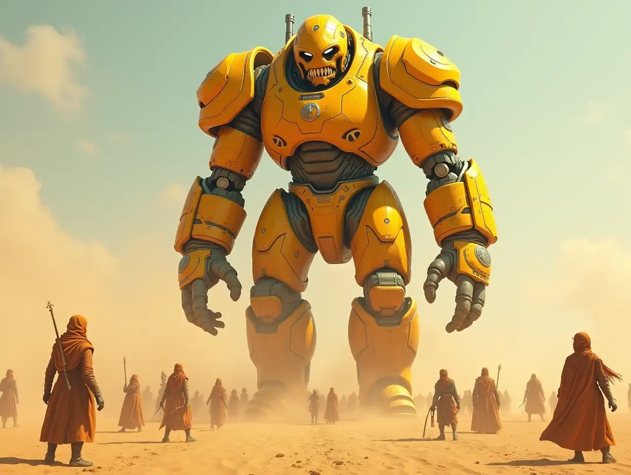 Create for me a 20 meter Android Titan Cyber Troll in yellow-orange with armor in a vast desert with many people