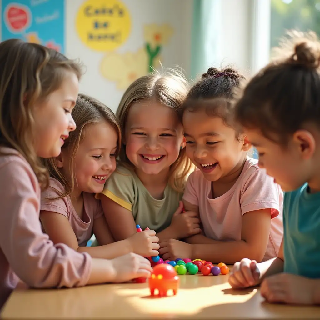 A group of young children helping and supporting each other in a school setting. Some kids are comforting a sad child, others are sharing toys, and some are standing up for a friend who is being bullied. The atmosphere is warm, positive, and full of kindness. The children's facial expressions show empathy, care, and friendship. The background features a bright and friendly school environment with posters promoting kindness and anti-bullying messages.