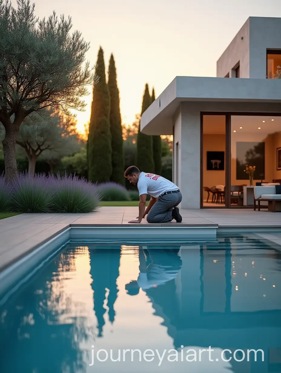 Luxury-Sunset-Pool-Scene-with-Modern-Design-and-Maintenance-Technician