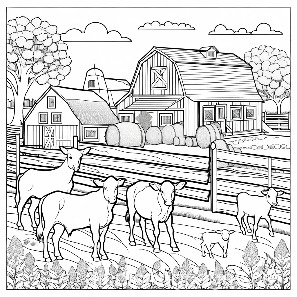 life on a farm, Coloring Page, black and white, line art, white background, Simplicity, Ample White Space. The background of the coloring page is plain white to make it easy for young children to color within the lines. The outlines of all the subjects are easy to distinguish, making it simple for kids to color without too much difficulty