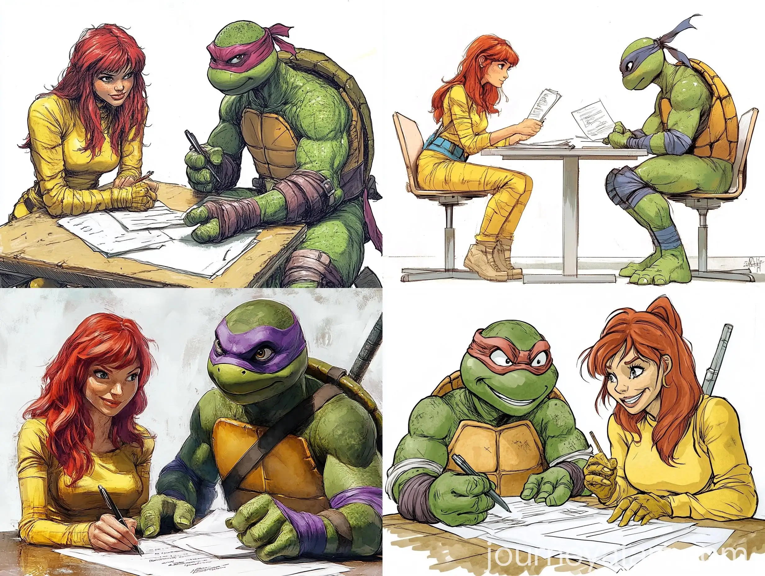 Donatello-and-April-ONeil-Signing-Papers-at-Table