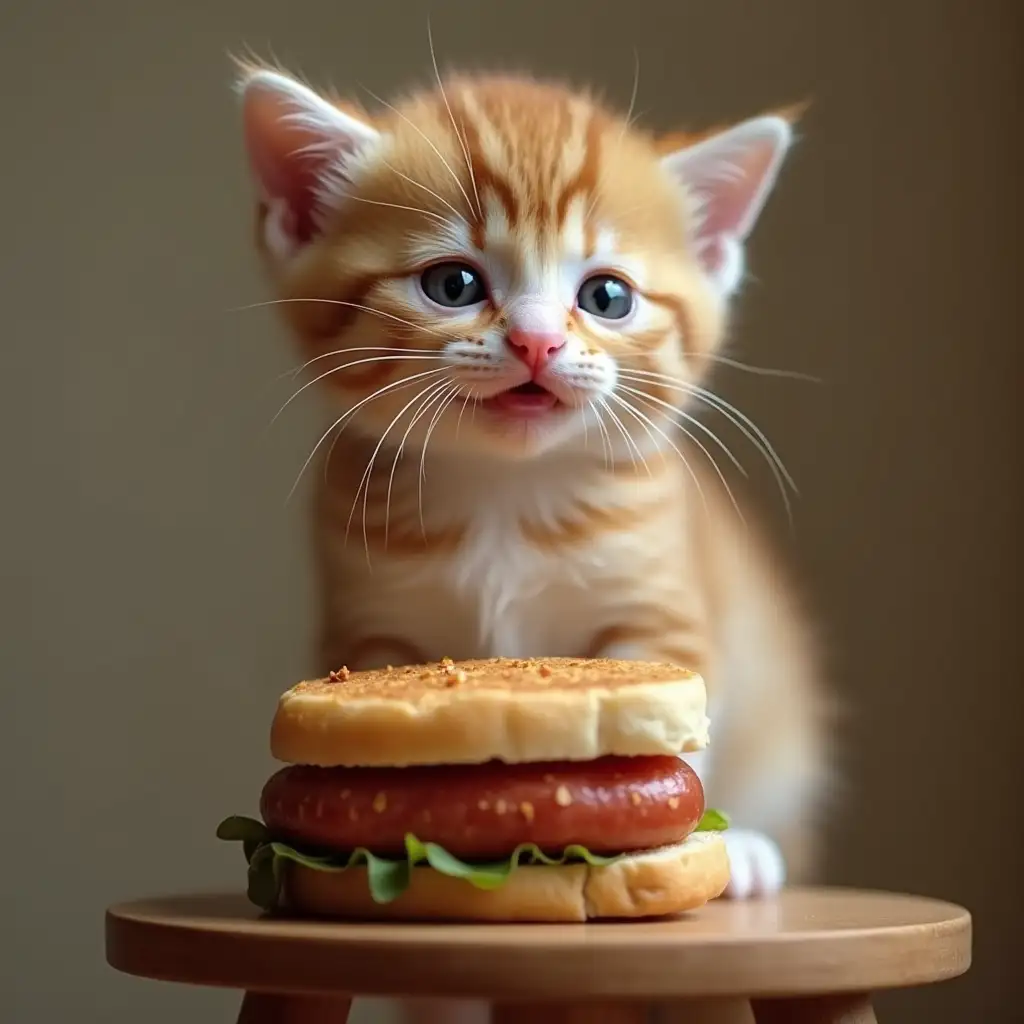 A little kitten sits on a stool and asks for a sandwich with sausage