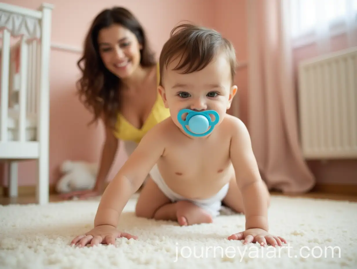 9MonthOld-Baby-Crawling-on-Nursery-Floor-with-Mother-Catching-Him