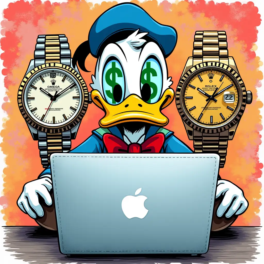 Create a Pop Art graphic. It should feature Donald Duck. With a green dollar symbol over his eyes. An Omega speedmaster watch on the left and a rolex day date watch on the right, both appearing somewhat abstract. Donald duck should be seated in front of a MacBook. And only the Apple Symbol should be visible. And Donald duck looks at the opened MacBook. The rest of the background should be colorful and dynamically flowing.