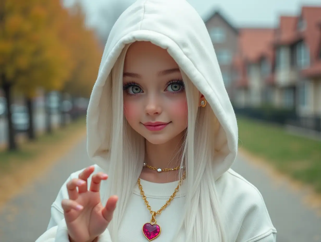 user_prompt: Photorealistic image three, 13 year old girl with long white hair wears a white sweatshirt, ruby gold necklace, Barbie in hand with a slight smile on her face, hood on her head, accentuating her smile, modern jewelry, in a park with many houses in Cyberpunk 8k quality