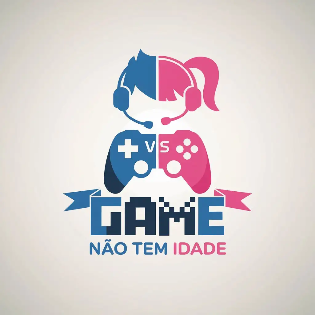 LOGO Design for Game No Tem Idade Blue Pink Split with Silhouettes Headsets and Game Controller Theme