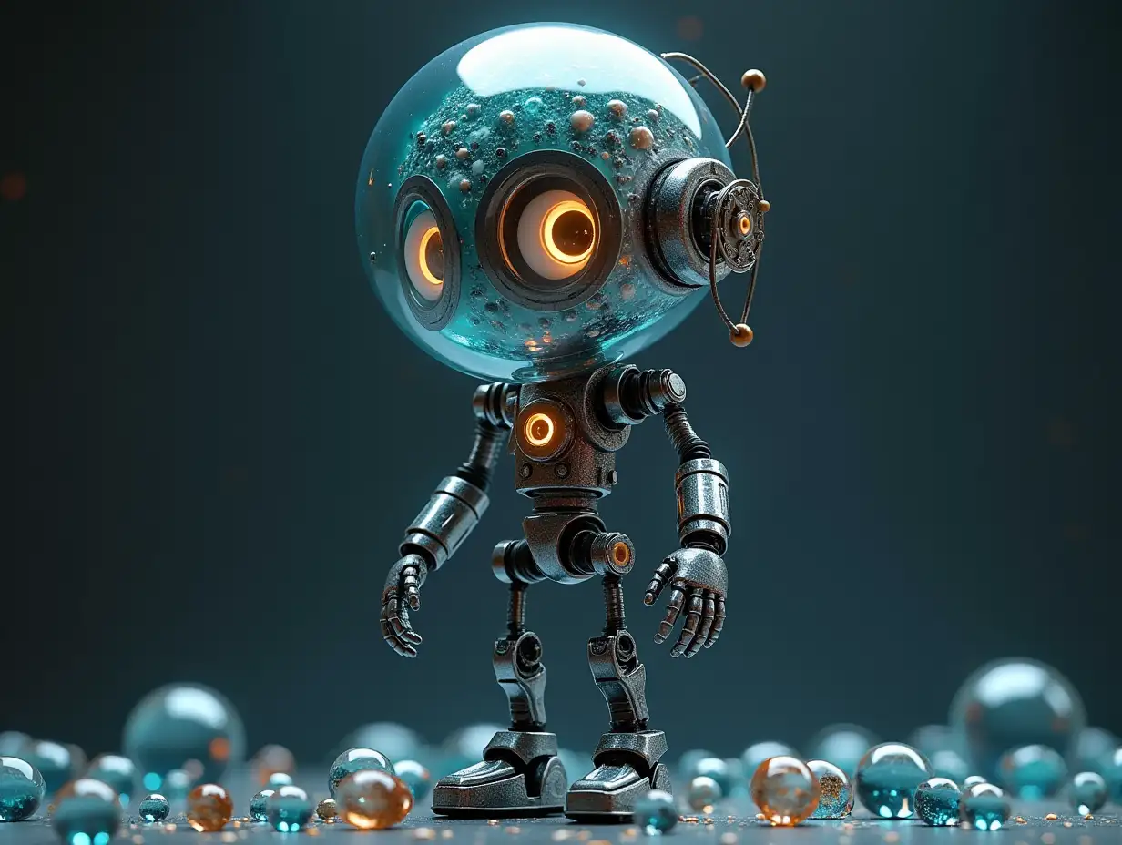 Create a high-resolution, realistic image of the artificial intelligence Robert, three meters tall, with eyes, arms and legs, with gears on the cheeks and glass head with visible glowing brain made of sapphire, screws with many glass marbles on the floor, Mars 4k resolution