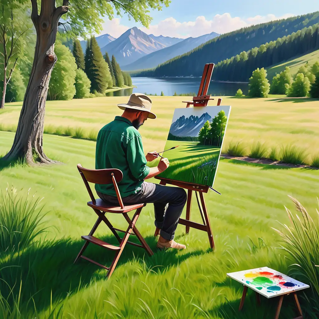 Artist-Painting-Nature-While-Sitting-on-a-Malbert-Chair-in-a-Beautiful-Green-Landscape