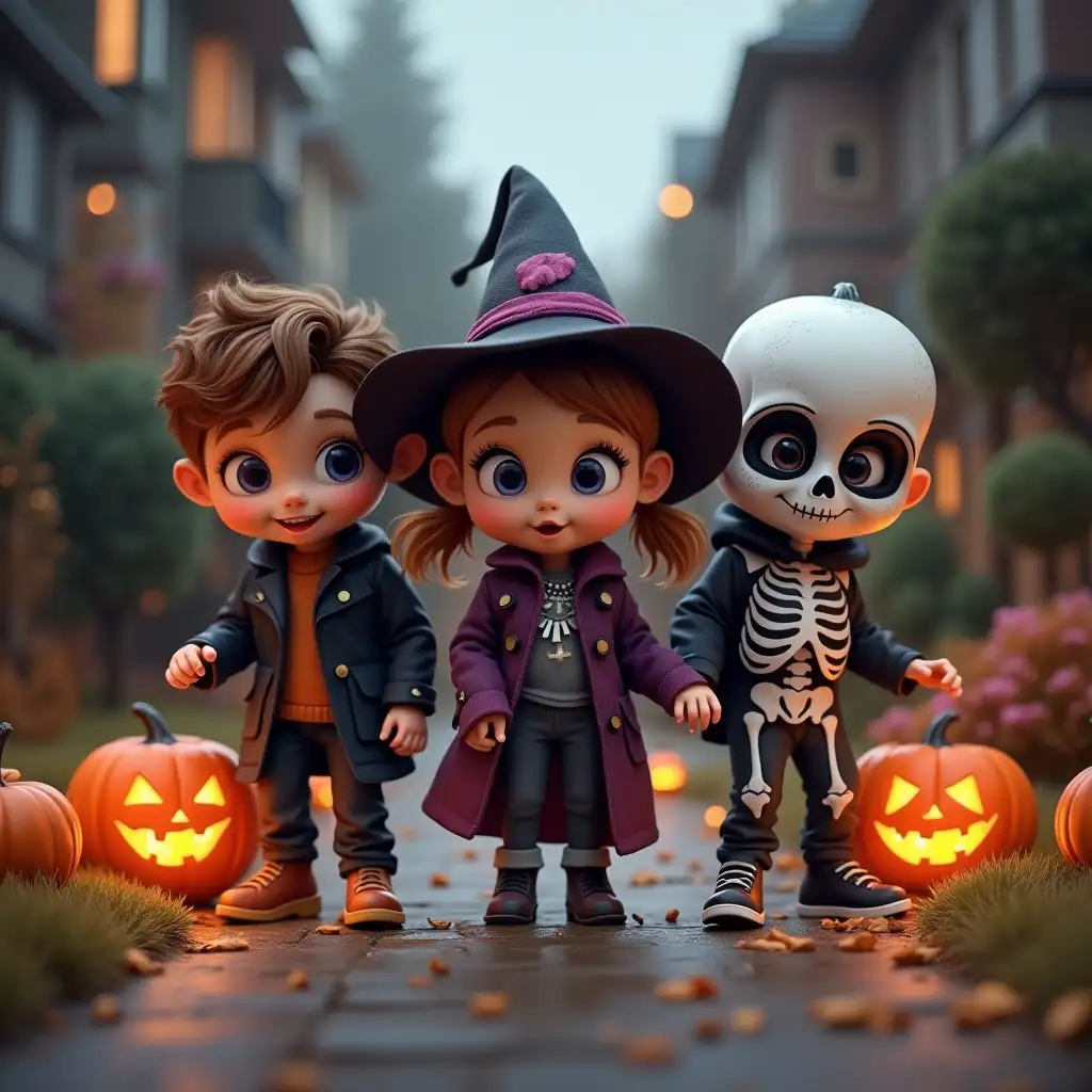 Children-TrickorTreating-on-Halloween-in-Monster-Witch-and-Skeleton-Costumes