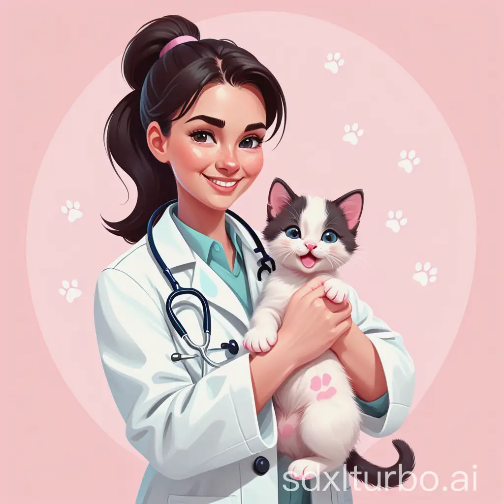 A cheerful female veterinarian with dark hair in a ponytail, wearing a white coat and stethoscope, gently holding a happy cream-colored kitten. Soft pastel colors, pink paw prints in the background, clean minimalistic style, suitable for a veterinary clinic logo or pet care brand. Flat vector illustration, friendly and professional vibe. Minimalistic