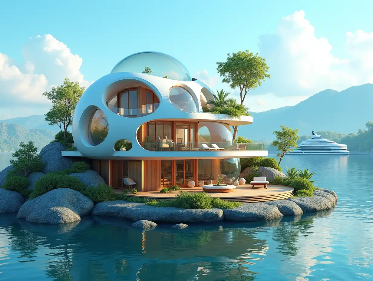 a futuristic multi-story house made of many holen lit glass balls and wood lies on the water, many plants and trees, blue sky, bright environment, mountains, clear water and a yacht in the background, colorful 8k quality