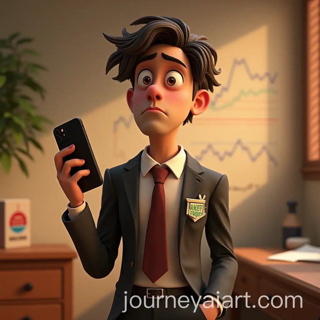 GoAI-Image-Prompt-Expansionofy-Pixar-Character-in-IllFitting-Suit-with-Financial-Charts-and-Smartphone