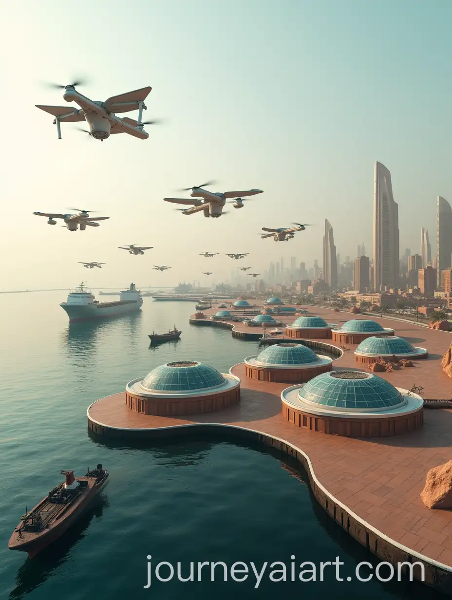 Futuristic-Maritime-Scene-at-Port-of-HodeAI-Image-Expansionidah-with-Geometric-Solar-Panels-and-Drones
