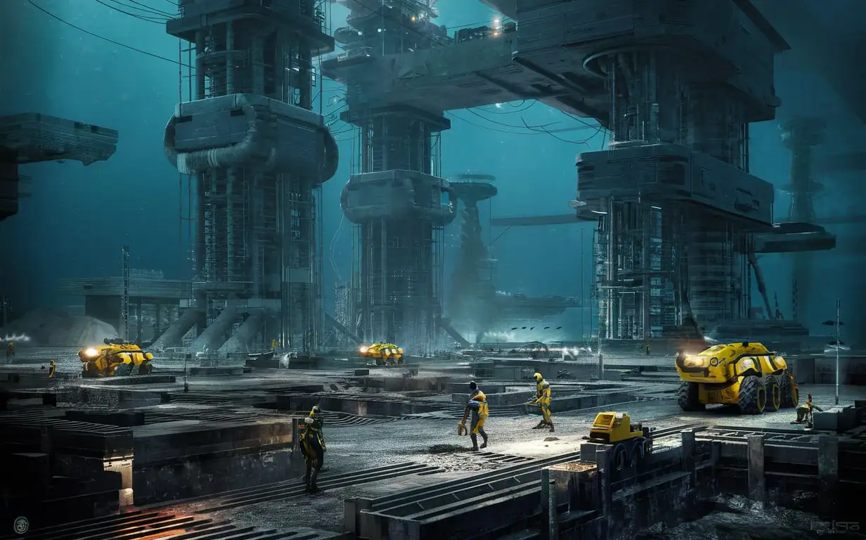 Underwater City Construction with Large Pillars and Workers