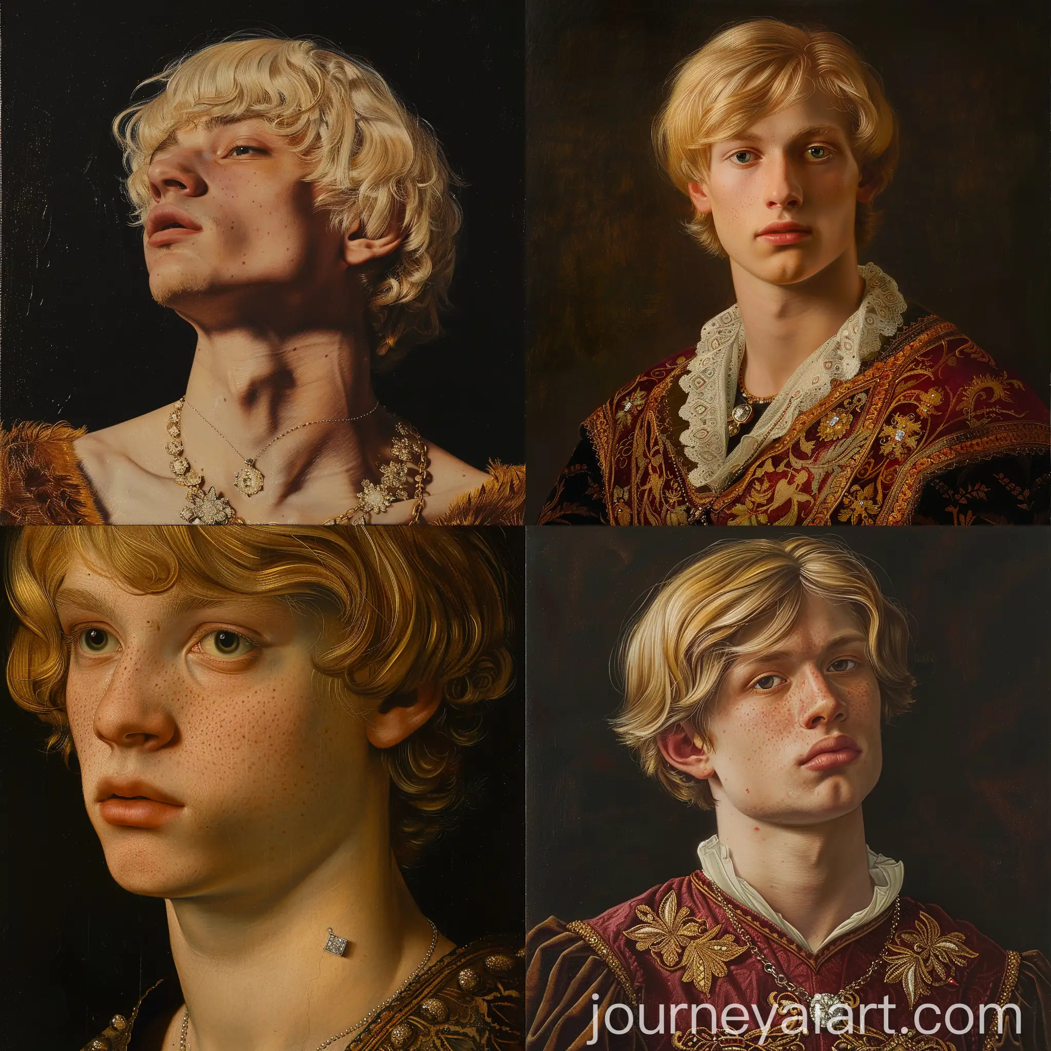 Renaissance-Painting-of-Medieval-Age-Young-Man-with-Blonde-Hair-and-Diamond-on-Chest
