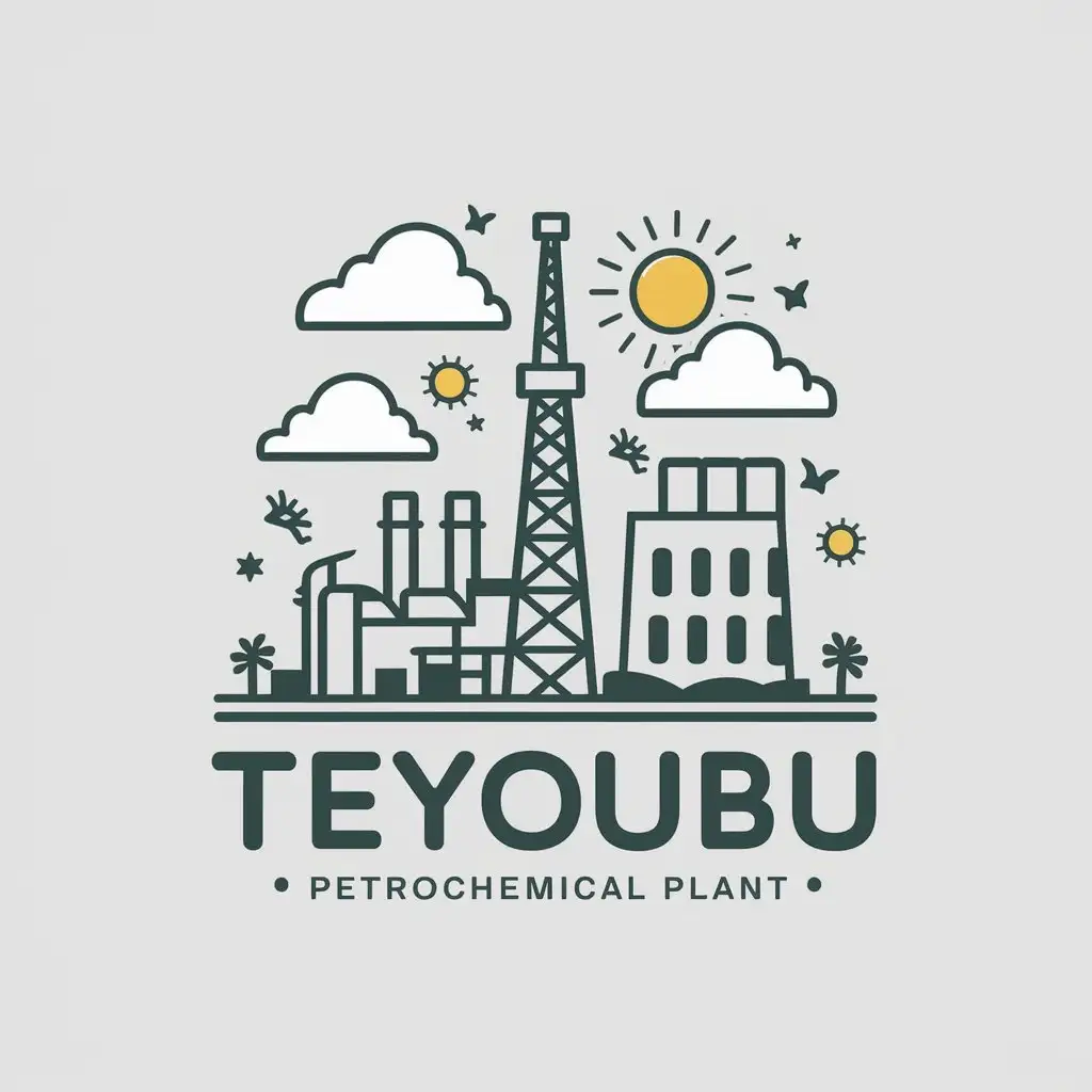 a vector logo design,with the text "teyoubu", main symbol:Petrochemical plant, iron tower, reactor, sun, little bird, white clouds,Moderate,clear background