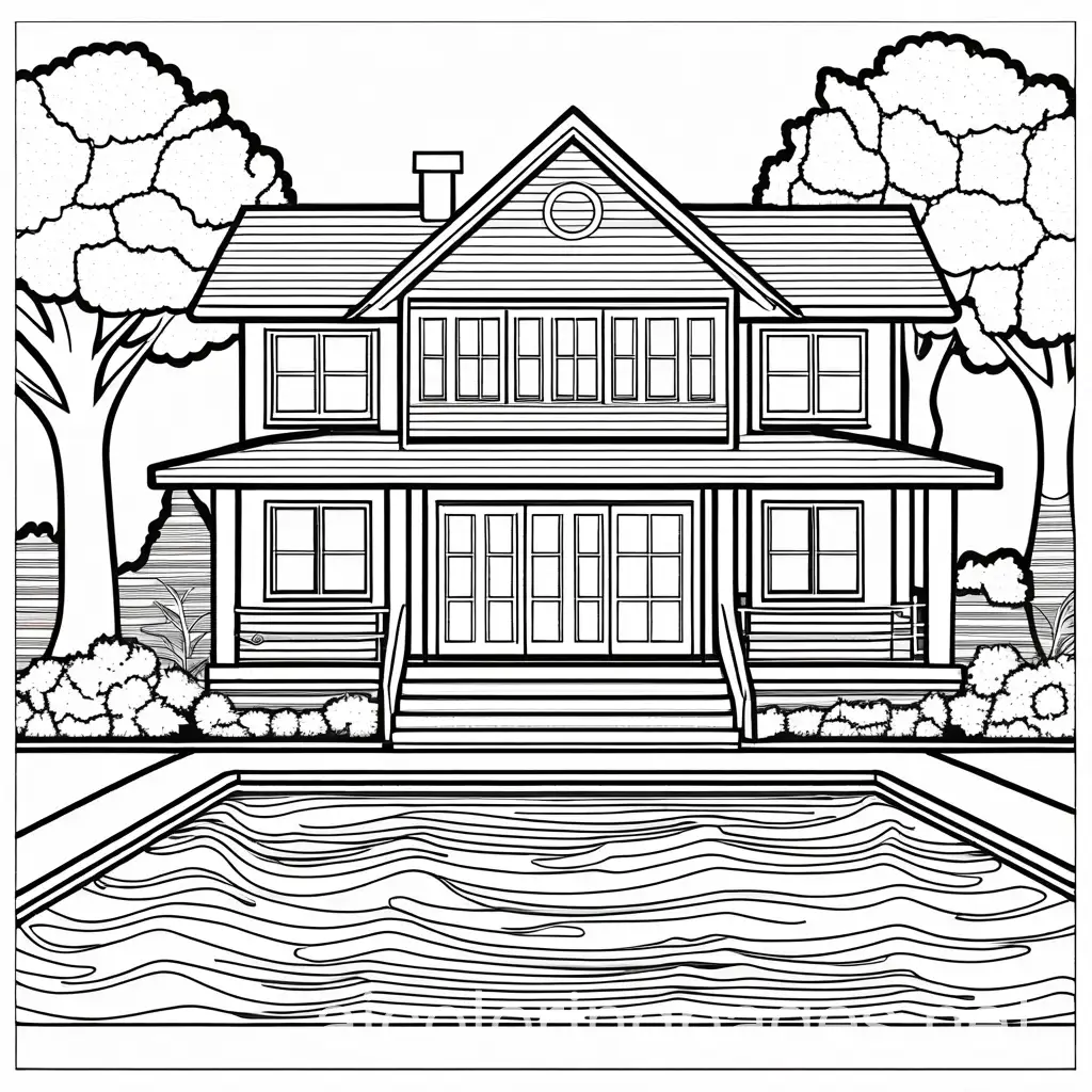 Coloring-Page-House-Smiling-Sun-Large-Tree-Swimming-Pool