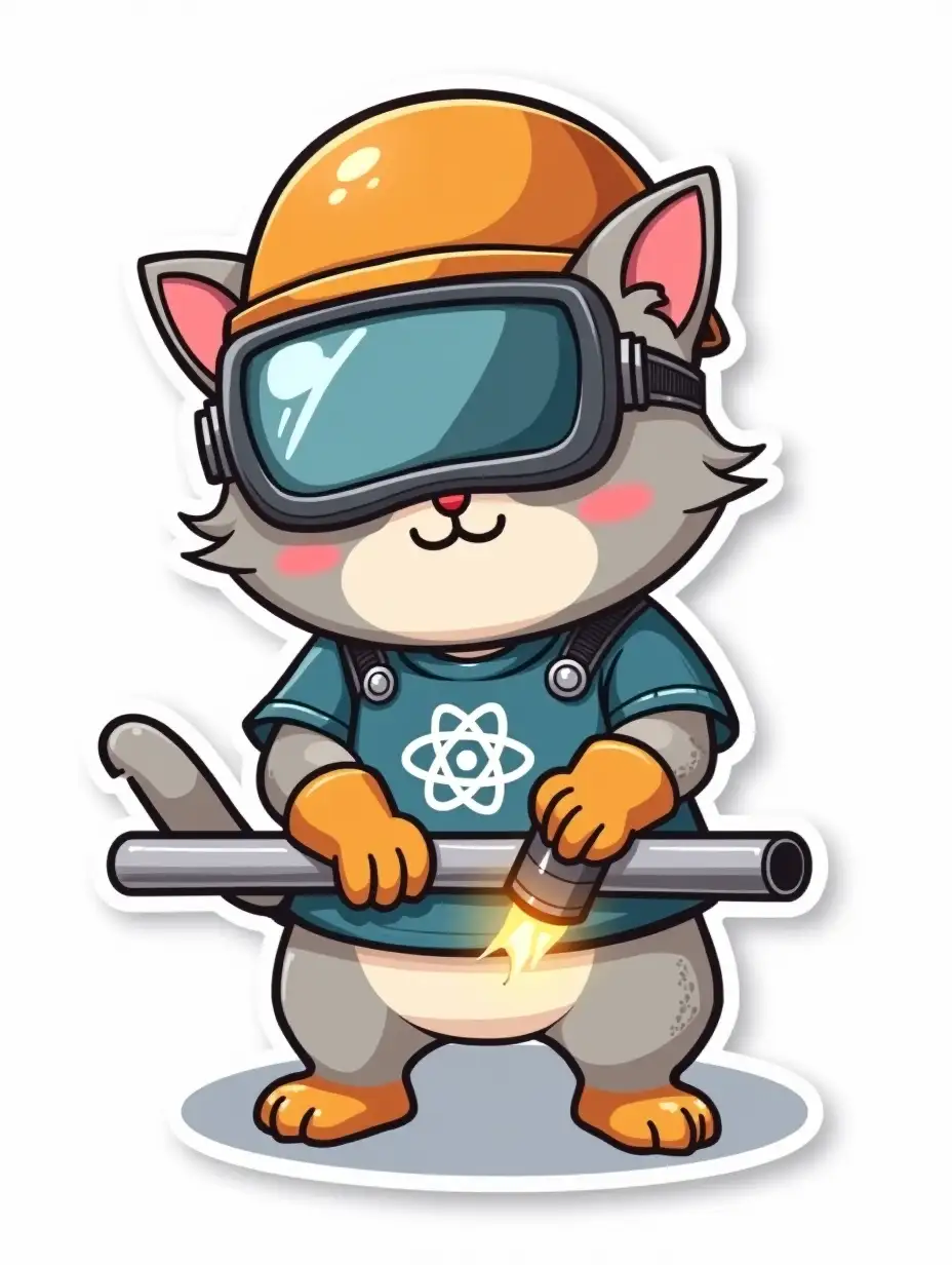kawaii positive little happy light gray cat in protective helmet, wearing a welding mask and gloves with an atom symbol on t-shirt, connects two stainless steel metal pipes using manual arc welding. Die cut sticker design top-view, high resolution, vector art, white background, paint in anime style