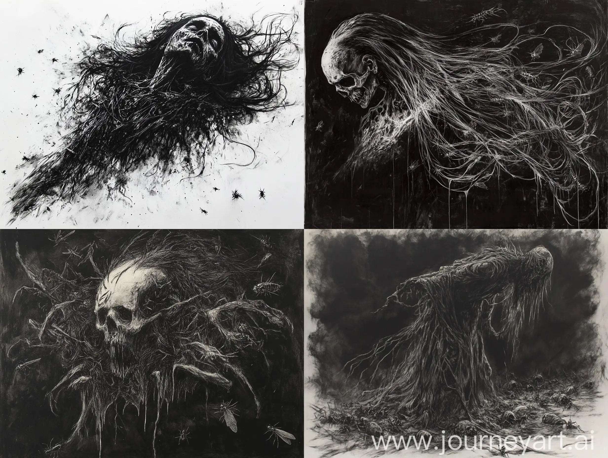 Grotesque-Charcoal-Artwork-of-Decomposing-Hair-and-Insects