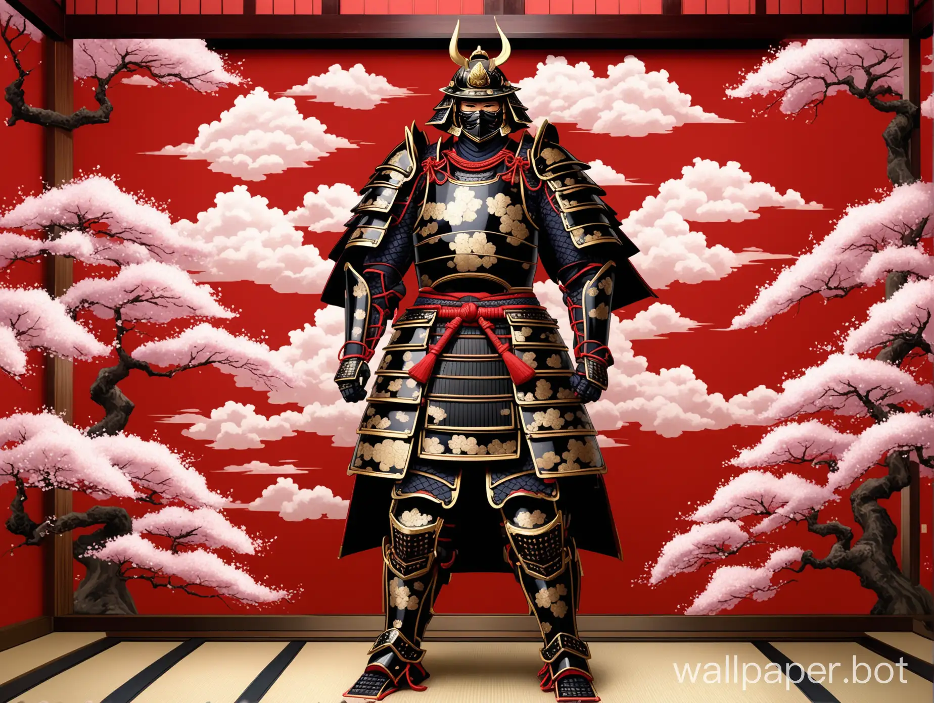 The imposing samurai armor, adorned with intricate gold inlay, stands within a traditional Japanese-style house adorned with opulent crimson wallpaper featuring captivating Japanese-style clouds and delicate cherry blossom trees.