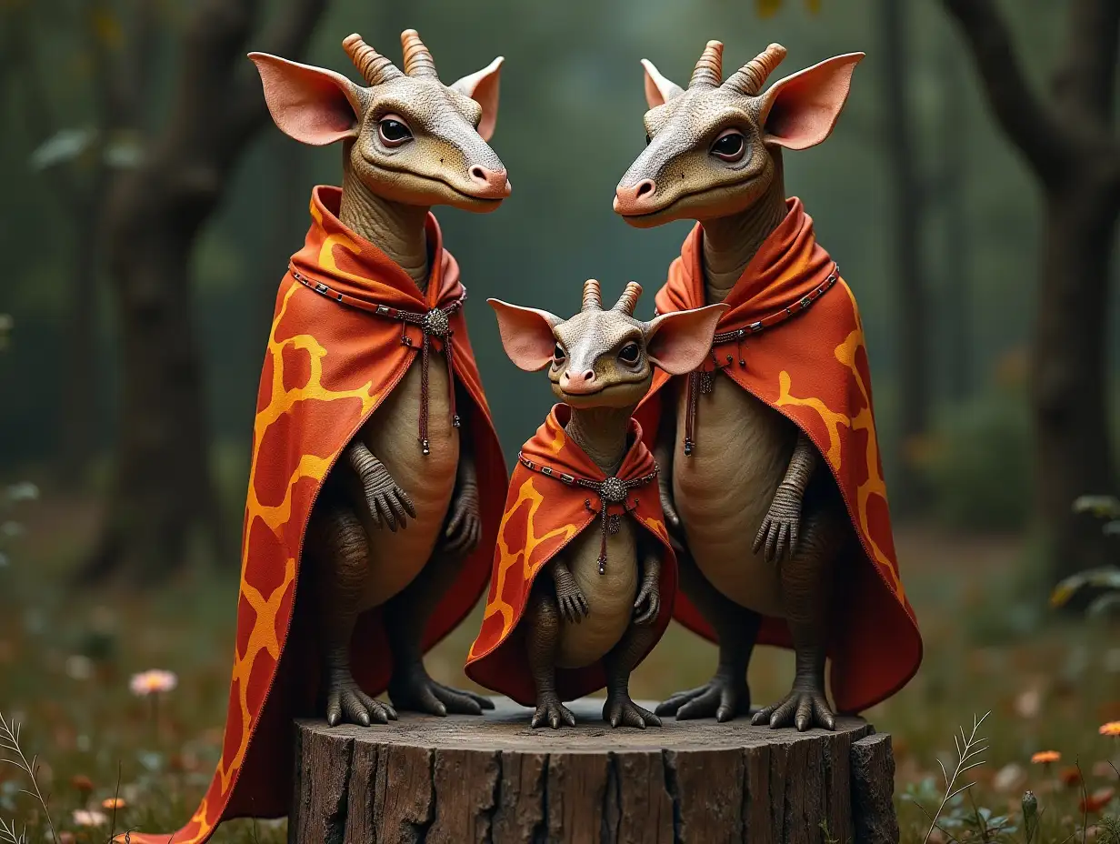 KI-Fantasy family, man,woman,children with Achelousaurus face with Orange and red leather mantle, Giraffe pattern stands on a stump in 4k