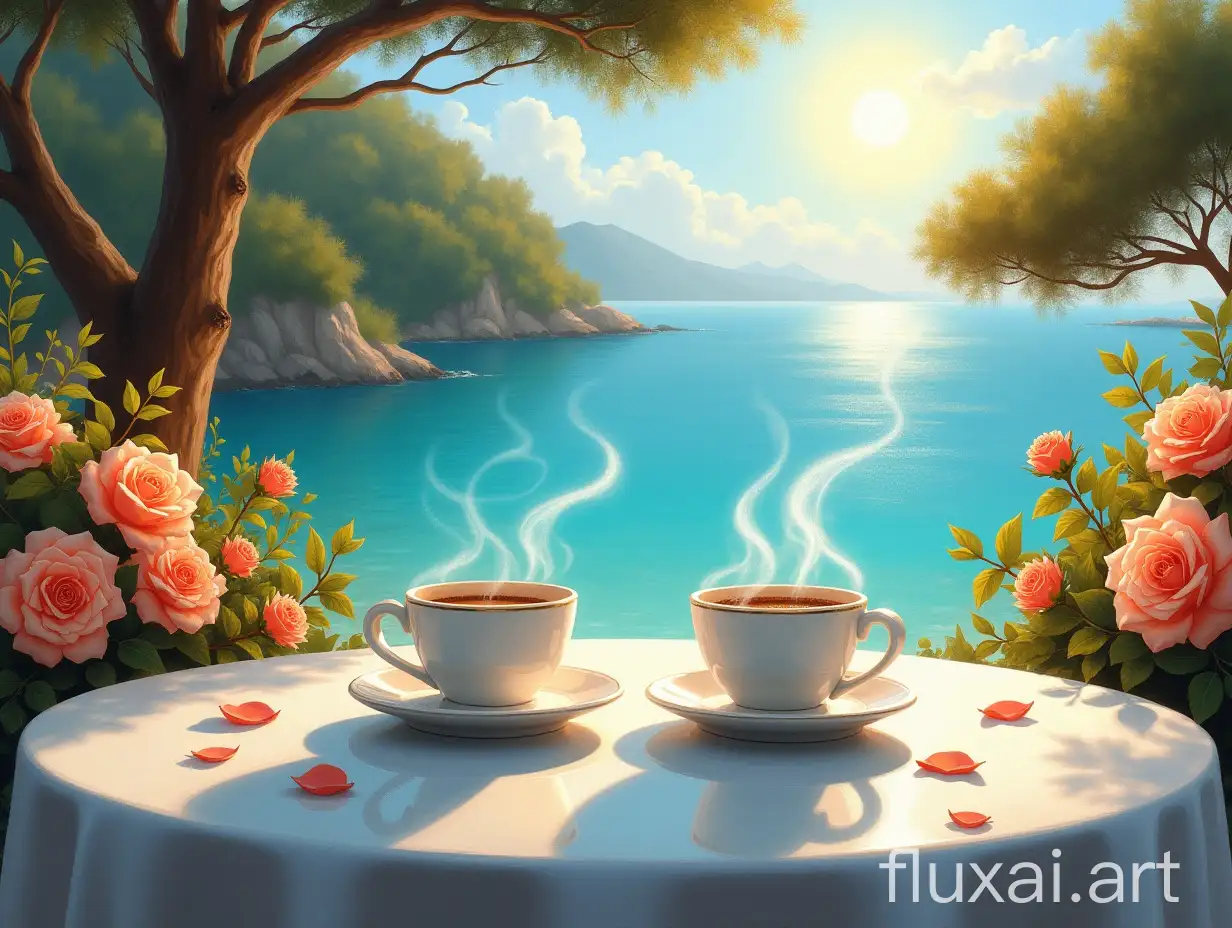 A round glass table in close-up, two white luxurious glass cups, streams of steam from coffee, a coffee pot, luxurious bushes of pale orange roses, a pine forest, a calm turquoise sea, bright glare of the sun, impressionism style, strokes of bright colors, the impression of movement and light, reflection from the sea and rose petals.