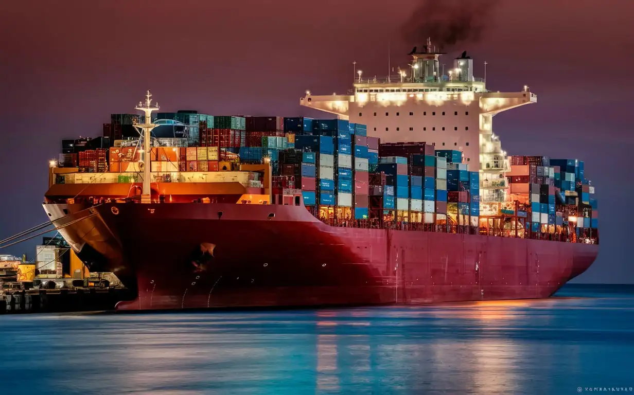 Realistic Large Red Cargo Ship Carrying Cargo at Dusk