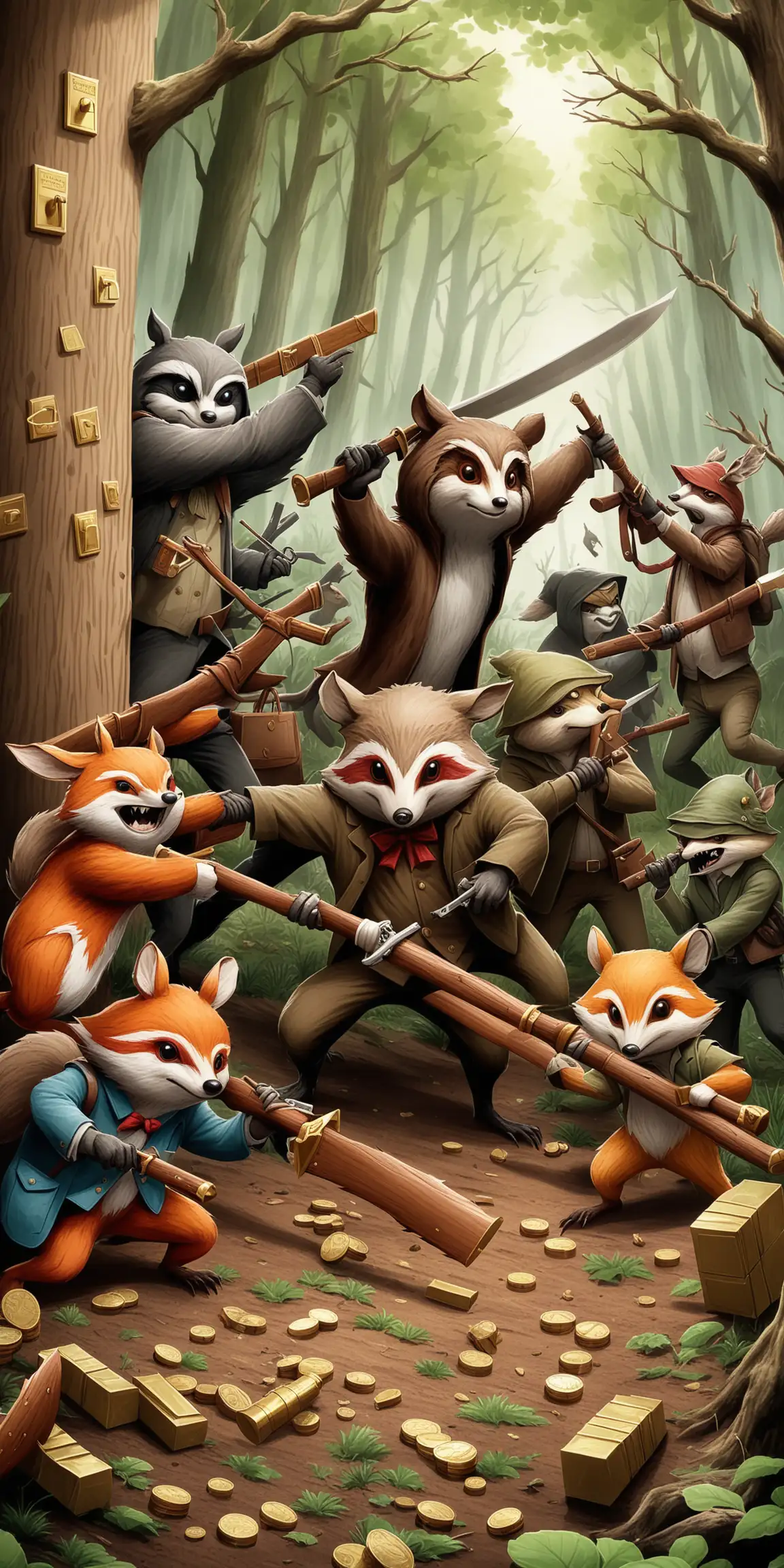 Woodland Creatures Robbing a Bank with Wooden Weapons