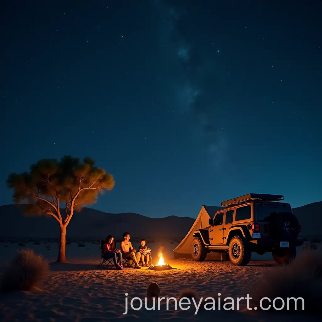 Serene-Desert-Camping-Scene-at-Night-with-Jeep-Campfire-and-Family