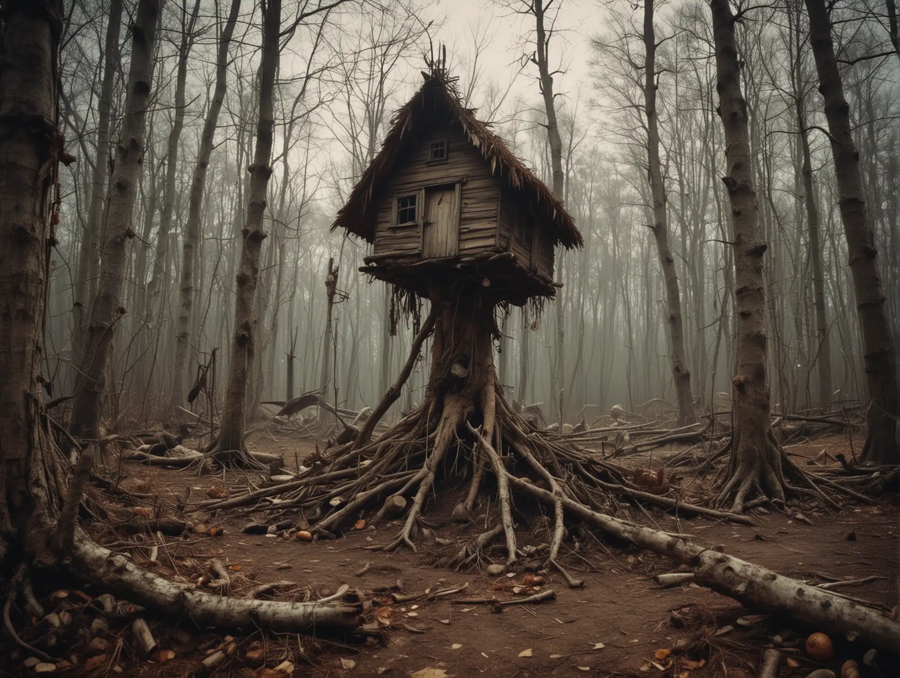 Found footage PoV: baba yaga hut, standing tall on a chicken leg, deep in the dead woods. Cinematic aesthetic, diffused lighting, cinematic style, ethereal atmosphere, 55mm lens, grainy noise