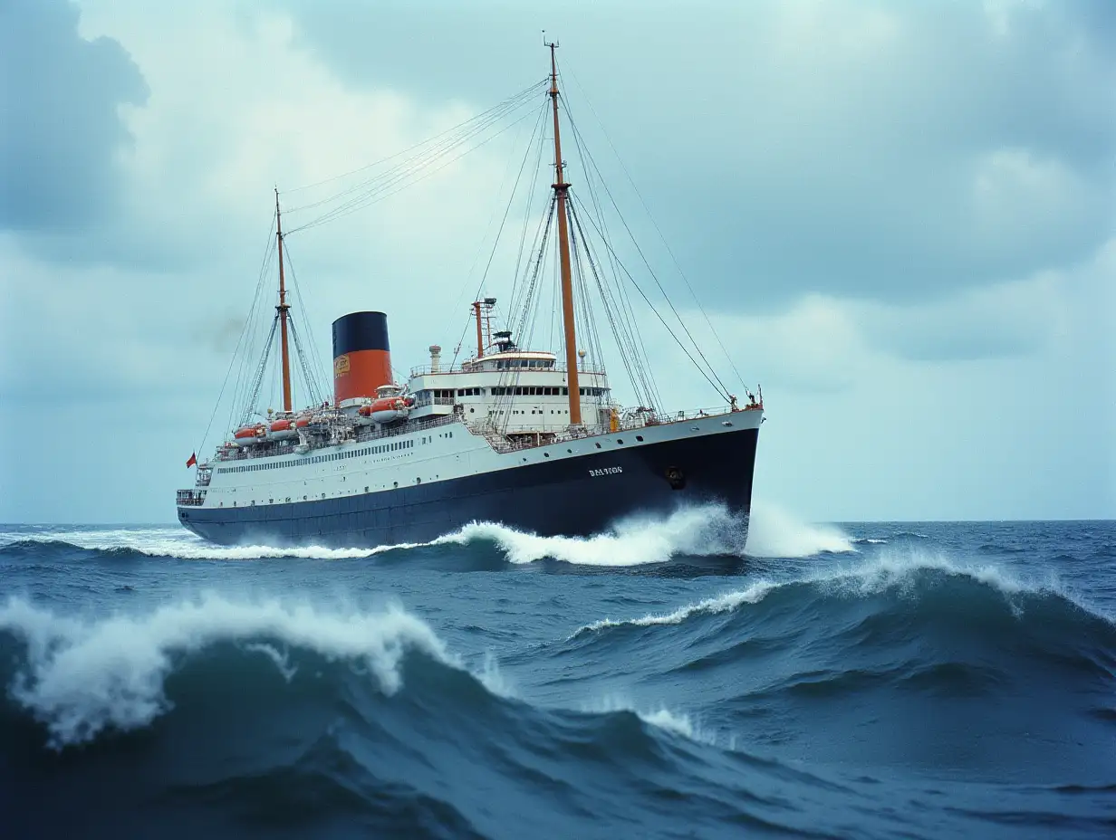 Color, 1966, Summer, Passenger ship TS Bremen sails at sea, high swell, ship sways in the waves