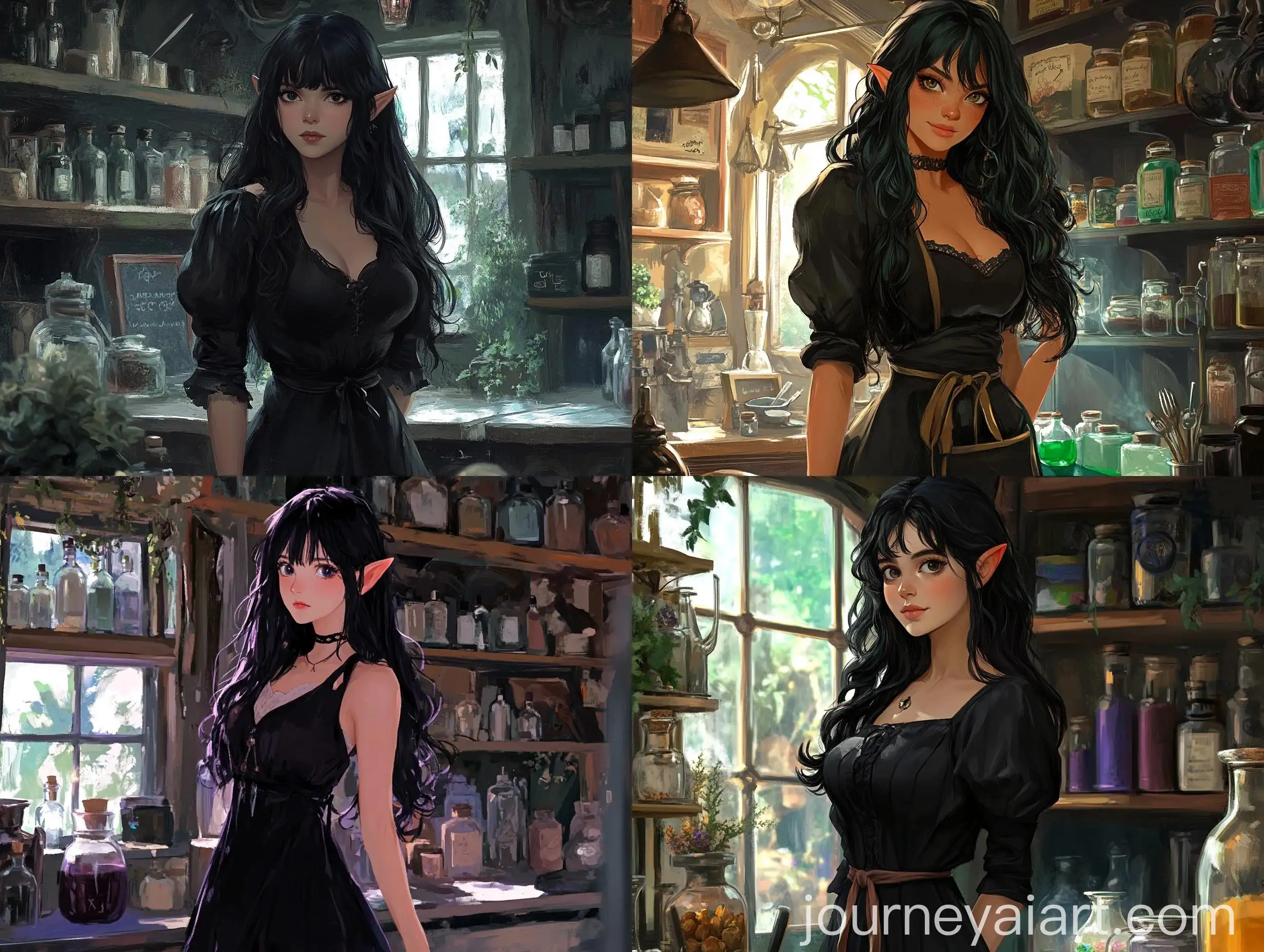 Curvy-Elf-Girl-in-Black-Dress-at-Potion-Shop