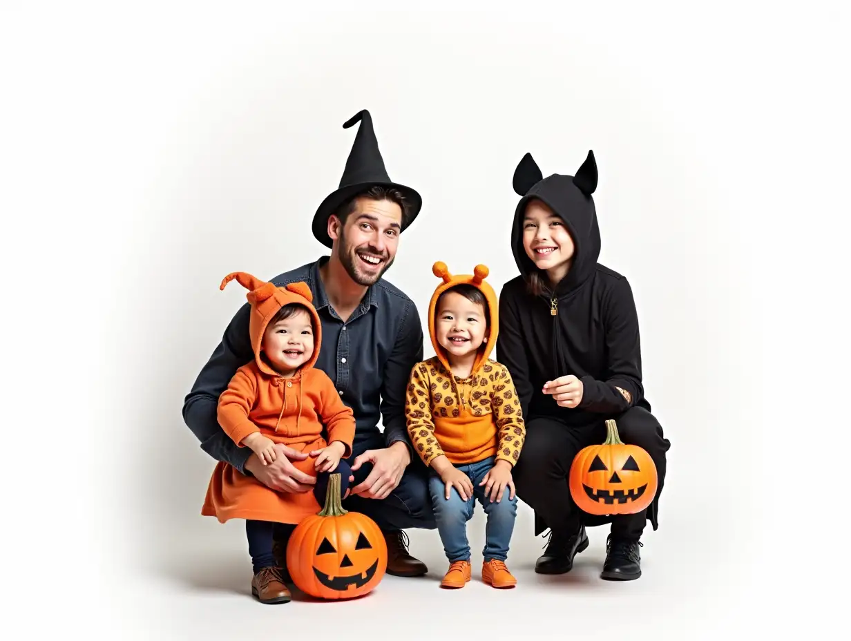 Family in Halloween costumes on white background