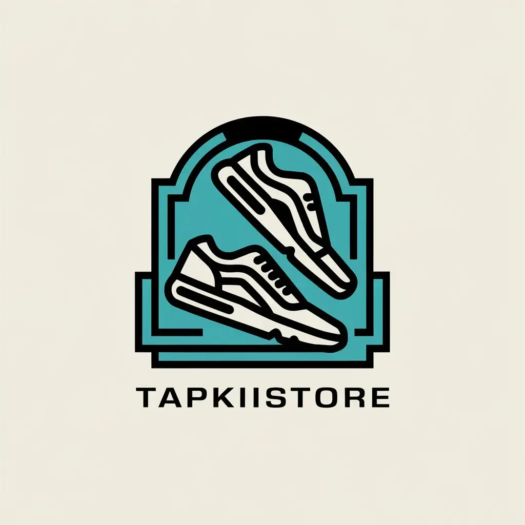 a vector logo design,with the text "TapkiStore", main symbol:black and white, logo 2 sneakers,complex,clear background