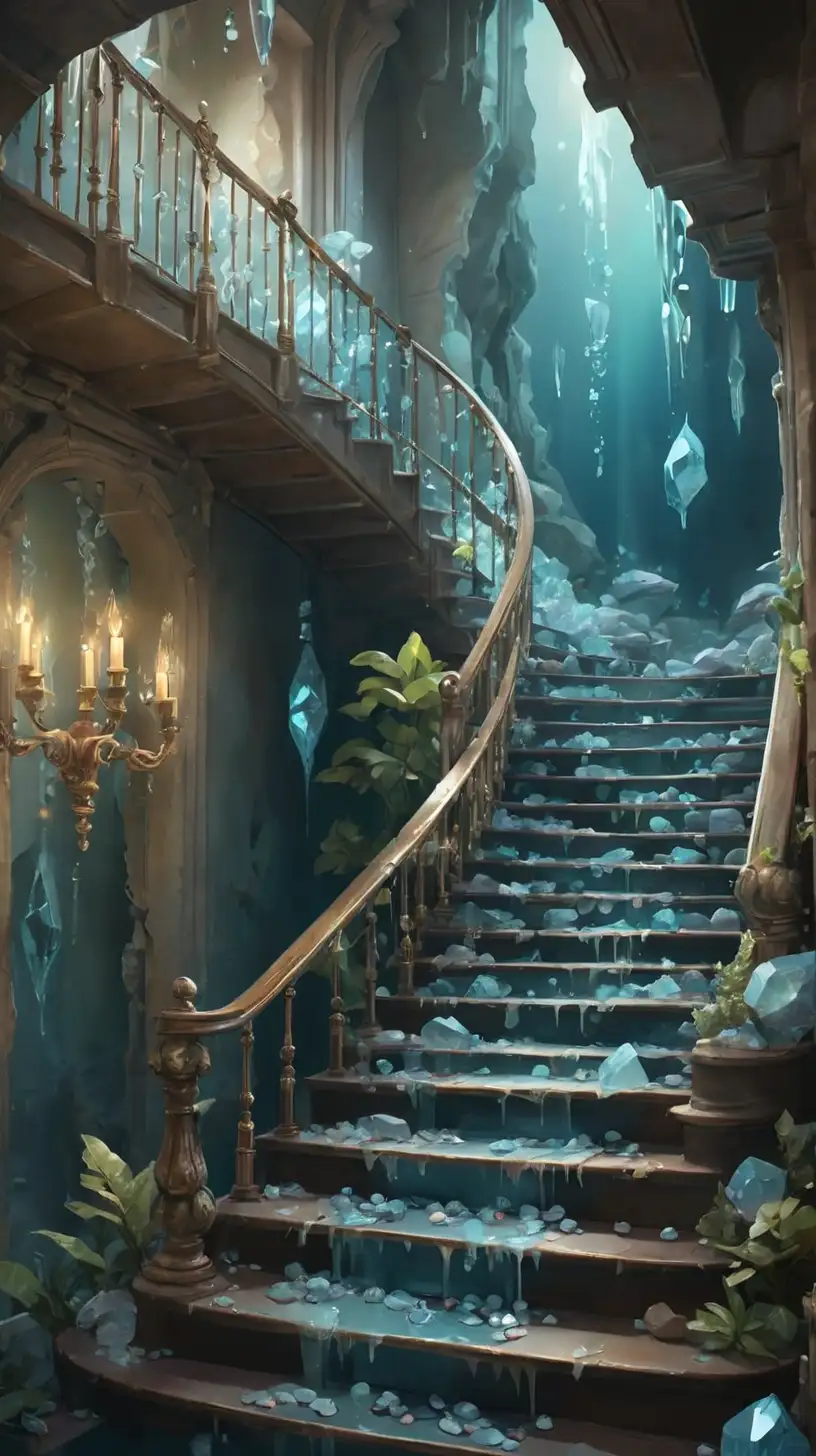 Enchanted Stairwell with Crystals and Tranquil Waters