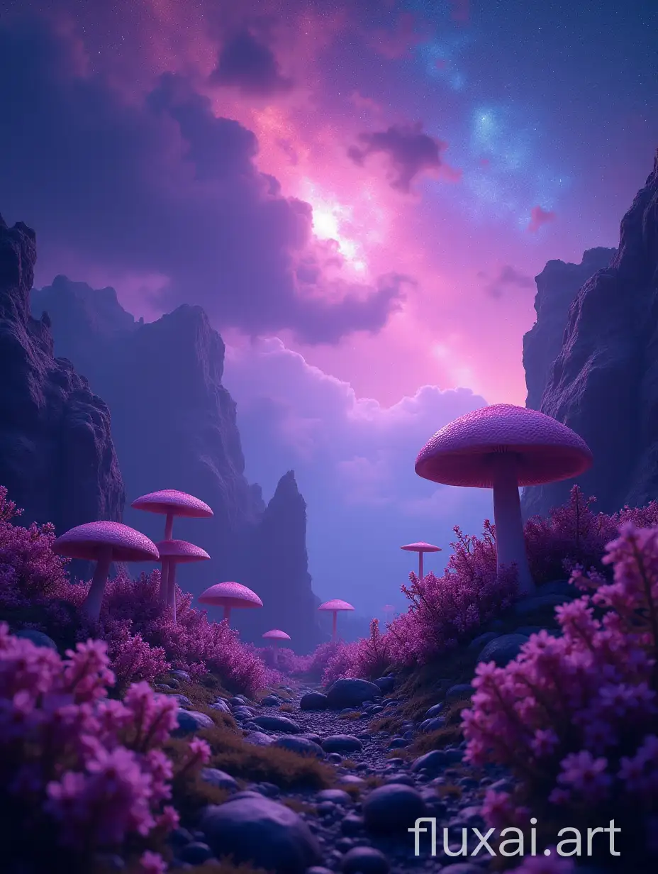 Surreal world by night, lilac color palette, cinematic lighting, supernova and galaxy in the sky, exotic flowers and mushrooms