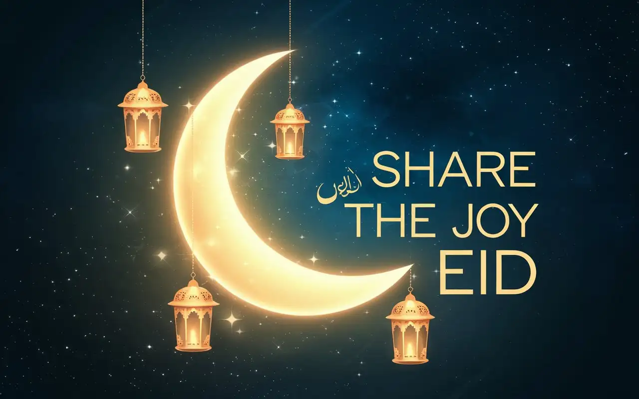 A glowing crescent moon with delicate lanterns hanging around it, set against a dark blue starry background. The text Share the Joy of Eid is positioned in bold font, creating a harmonious and inviting design.