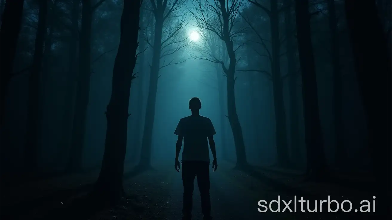 Create a square, 1:1 aspect ration, high definition, scary image of a man frightened in a dark forest. The image must be photorealistic, mysterious, realistic people, weird, horror, scary, atmospheric, night lights, moonlight, vivid colors, catchy, must pop and catch attention. Shot on Sony Alpha a7R, 80mm.