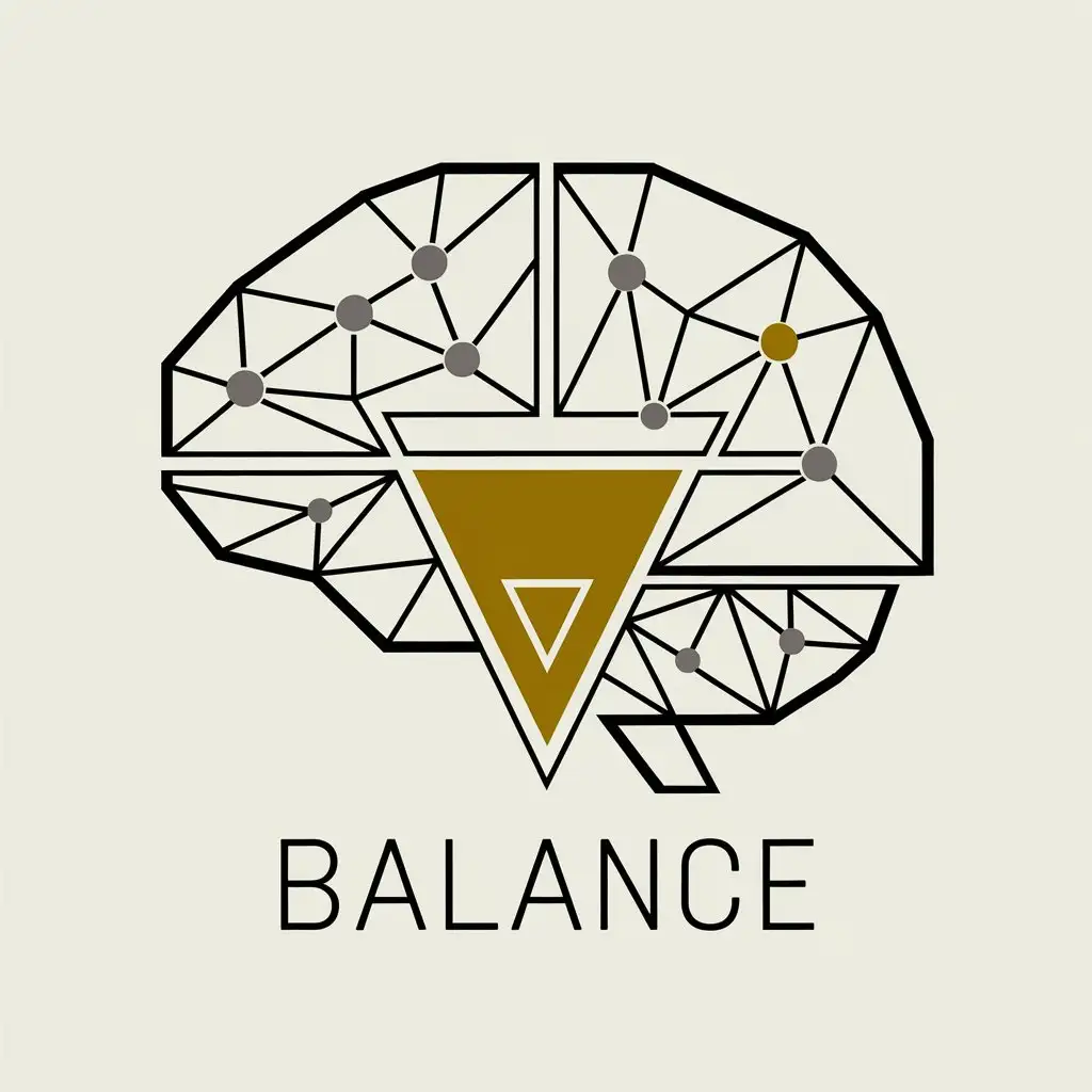 a vector logo design,with the text "BALANCE", main symbol:Generate a logo viewed as A FRONTAL BRAIN LOBE. The brain structure is composed of straight grey lines connecting various nodes, forming polygonal shapes that outline the brain from a frontal perspective. In the center of the brain, place an inverted golden triangle (with its tip pointing downward), surrounded by a thin black border. Inside the golden triangle, add a smaller, inverted white triangle (also with its tip pointing downward). The grey lines of the brain extend outward symmetrically from the central triangle, forming the brain structure viewed from the front. The design should emphasize the inverted triangles and the front view of the brain. The style is minimalistic, clean, with no additional shading or textures. The background should be transparent to focus attention on the geometric brain and the inverted triangle at its center,Moderate,be used in Sports Fitness industry,clear background