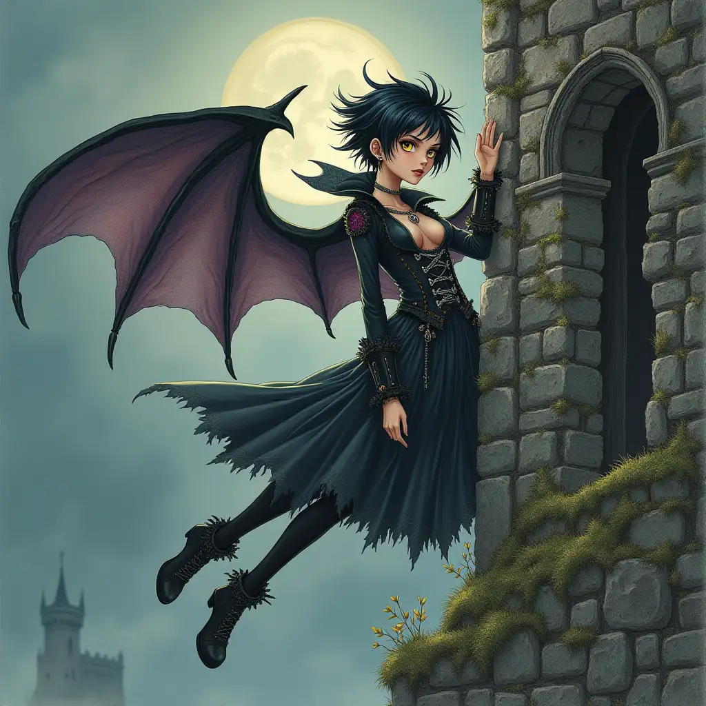 Vampire-Woman-with-Bat-Wings-Flying-Beside-Ruined-Castle-in-Gothic-Pirate-Outfit